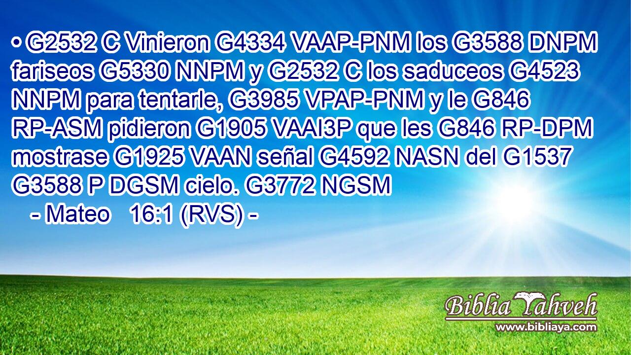 • G2532 C Vinieron G4334 VAAP-PNM los G3588 DNPM fariseos G5330 NNPM y G2532 C los saduceos G4523 NNPM para tentarle, G3985 VPAP-PNM y le G846 RP-ASM pidieron G1905 VAAI3P que les G846 RP-DPM mostrase G1925 VAAN señal G4592 NASN del G1537 G3588 P DGSM cielo. G3772 NGSM 