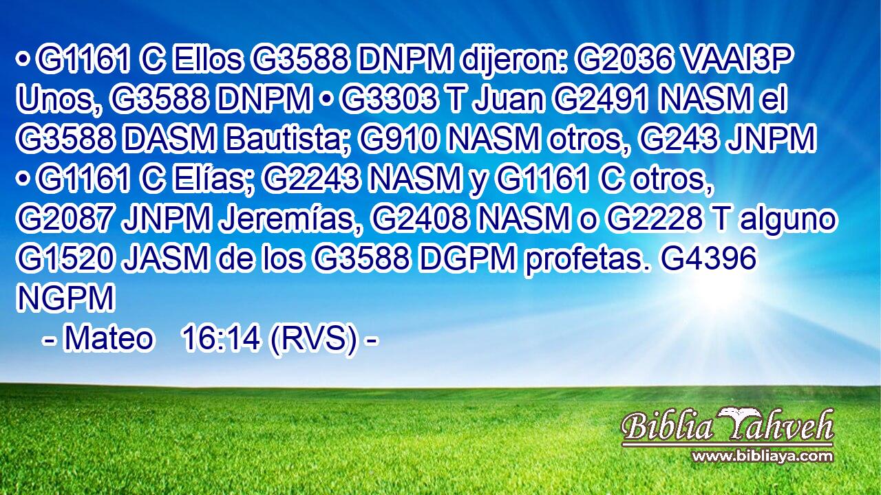 • G1161 C Ellos G3588 DNPM dijeron: G2036 VAAI3P Unos, G3588 DNPM • G3303 T Juan G2491 NASM el G3588 DASM Bautista; G910 NASM otros, G243 JNPM • G1161 C Elías; G2243 NASM y G1161 C otros, G2087 JNPM Jeremías, G2408 NASM o G2228 T alguno G1520 JASM de los G3588 DGPM profetas. G4396 NGPM 