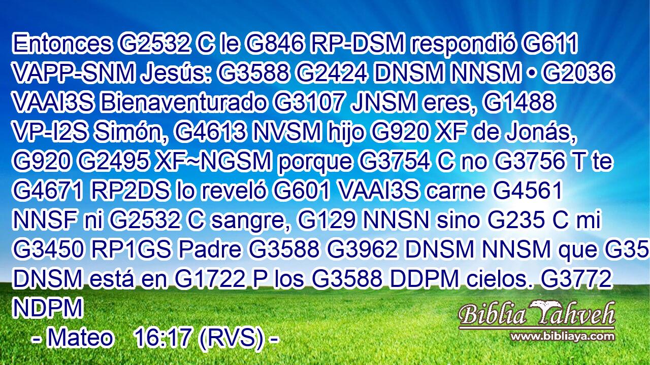 Entonces G2532 C le G846 RP-DSM respondió G611 VAPP-SNM Jesús: G3588 G2424 DNSM NNSM • G2036 VAAI3S Bienaventurado G3107 JNSM eres, G1488 VP-I2S Simón, G4613 NVSM hijo G920 XF de Jonás, G920 G2495 XF~NGSM porque G3754 C no G3756 T te G4671 RP2DS lo reveló G601 VAAI3S carne G4561 NNSF ni G2532 C sangre, G129 NNSN sino G235 C mi G3450 RP1GS Padre G3588 G3962 DNSM NNSM que G3588 DNSM está en G1722 P los G3588 DDPM cielos. G3772 NDPM 