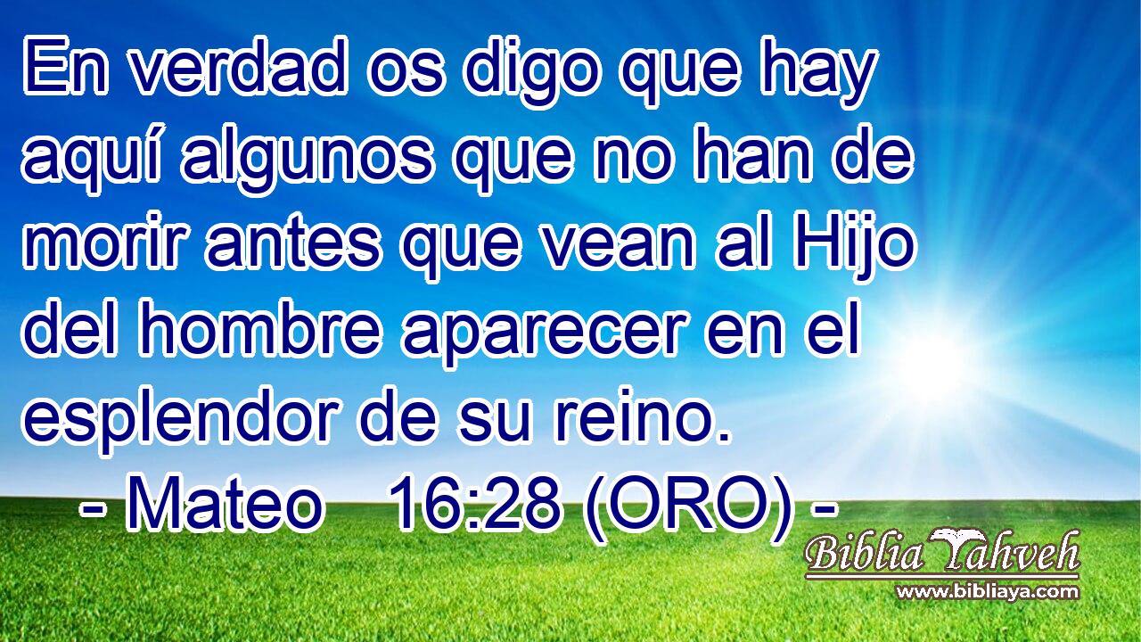  En verdad os digo que hay aquí algunos que no han de morir antes que vean al Hijo del hombre aparecer en el esplendor de su reino. 
