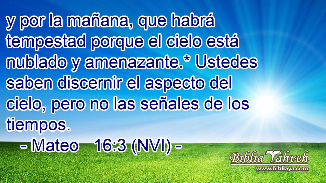  y por la mañana, que habrá tempestad porque el cielo está nublado y amenazante.* Ustedes saben discernir el aspecto del cielo, pero no las señales de los tiempos. 