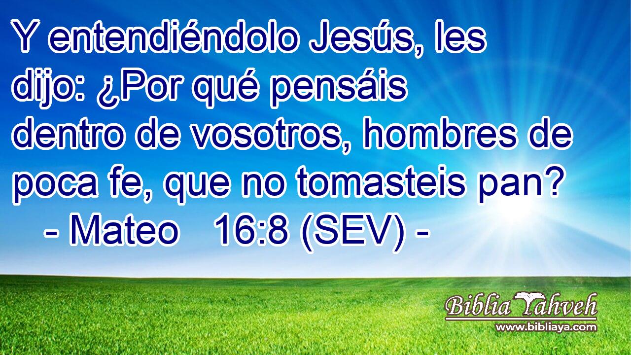 Y entendiéndolo Jesús, les dijo: ¿Por qué pensáis dentro de vosotros, hombres de poca fe, que no tomasteis pan?