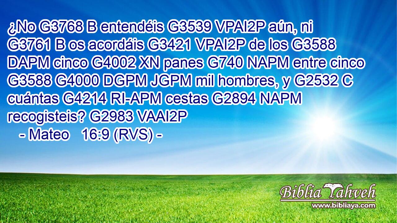 ¿No G3768 B entendéis G3539 VPAI2P aún, ni G3761 B os acordáis G3421 VPAI2P de los G3588 DAPM cinco G4002 XN panes G740 NAPM entre cinco G3588 G4000 DGPM JGPM mil hombres, y G2532 C cuántas G4214 RI-APM cestas G2894 NAPM recogisteis? G2983 VAAI2P 