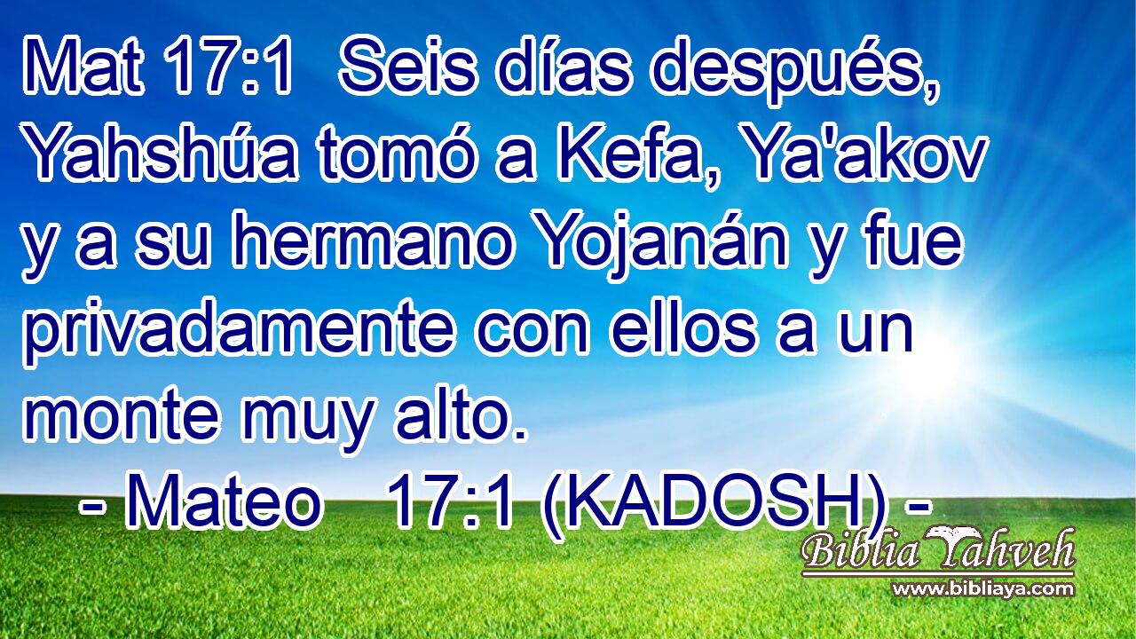  Seis días después, Yahshúa tomó a Kefa, Ya'akov y a su hermano Yojanán y fue privadamente con ellos a un monte muy alto. 