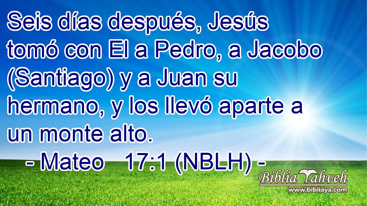  Seis días después, Jesús tomó con El a Pedro, a Jacobo (Santiago) y a Juan su hermano, y los llevó aparte a un monte alto. 