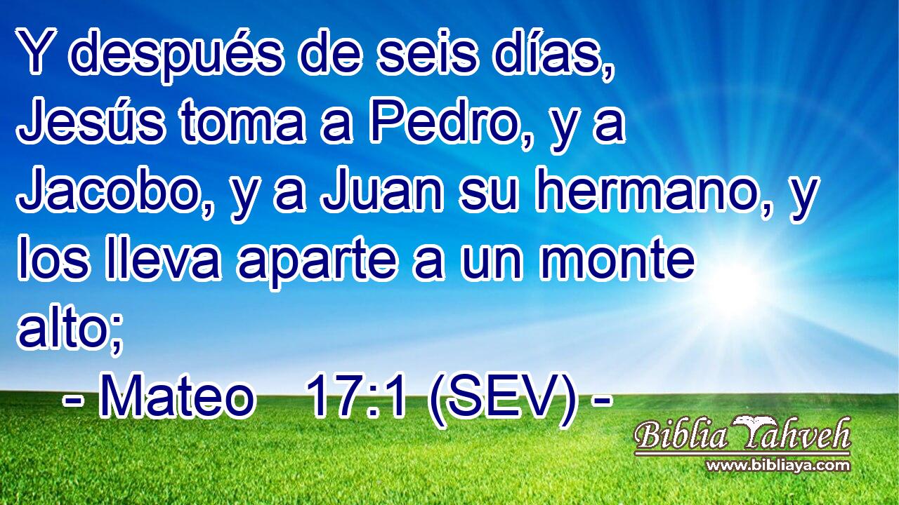 Y después de seis días, Jesús toma a Pedro, y a Jacobo, y a Juan su hermano, y los lleva aparte a un monte alto;