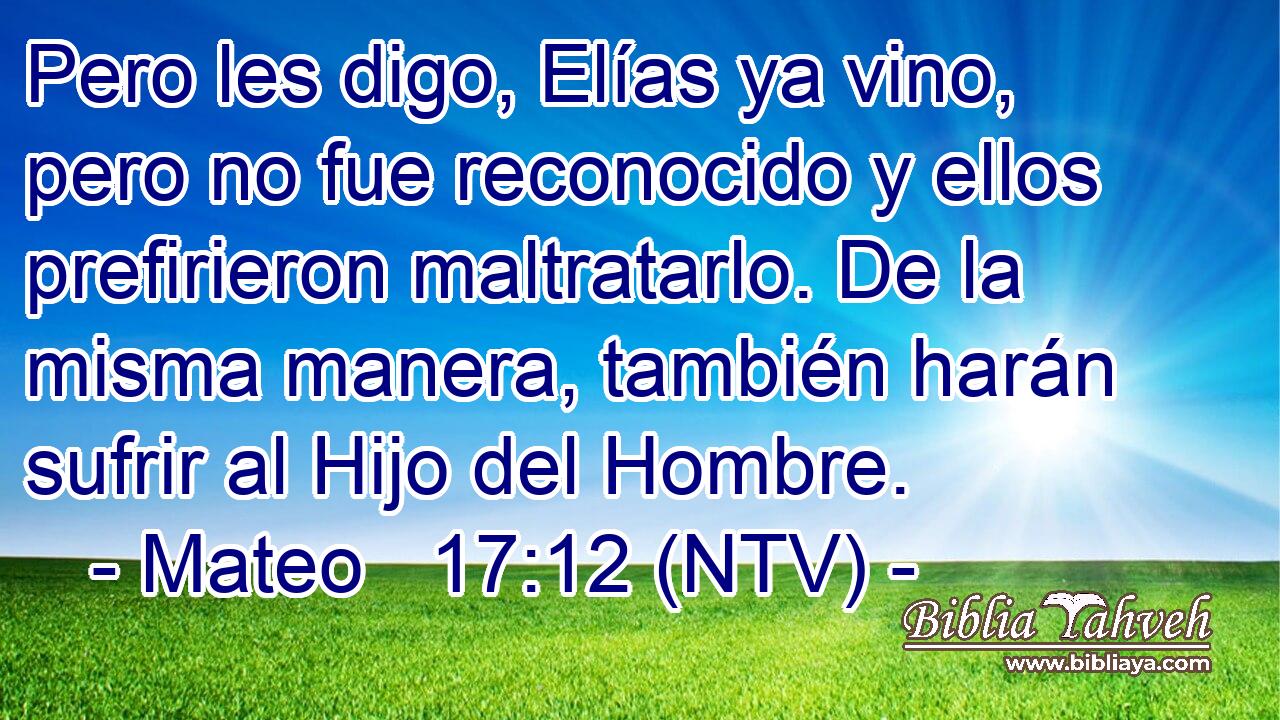 Pero les digo, Elías ya vino, pero no fue reconocido y ellos prefirieron maltratarlo. De la misma manera, también harán sufrir al Hijo del Hombre.