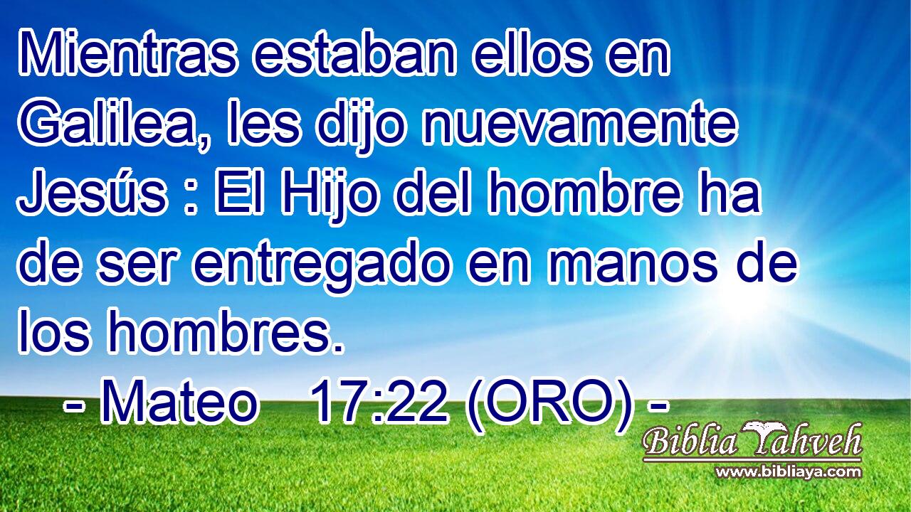  Mientras estaban ellos en Galilea, les dijo nuevamente Jesús : El Hijo del hombre ha de ser entregado en manos de los hombres. 