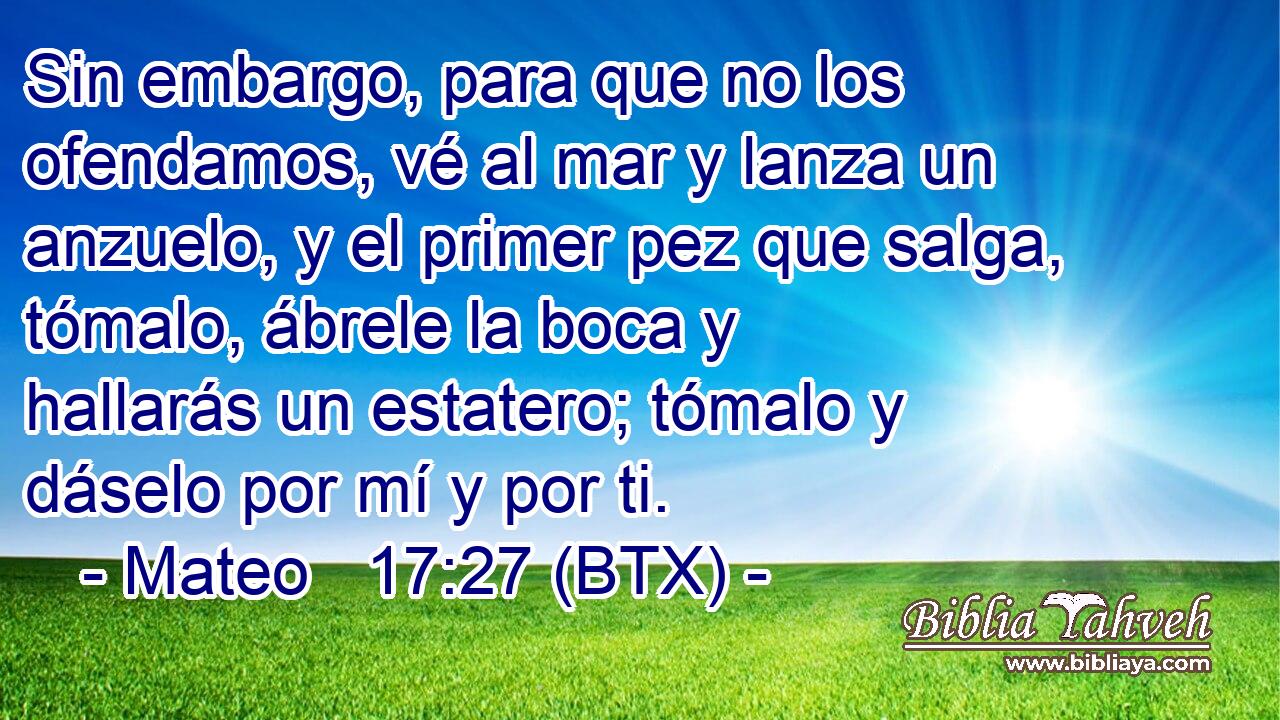 Sin embargo, para que no los ofendamos, vé al mar y lanza un anzuelo, y el primer pez que salga, tómalo, ábrele la boca y hallarás un estatero; tómalo y dáselo por mí y por ti.