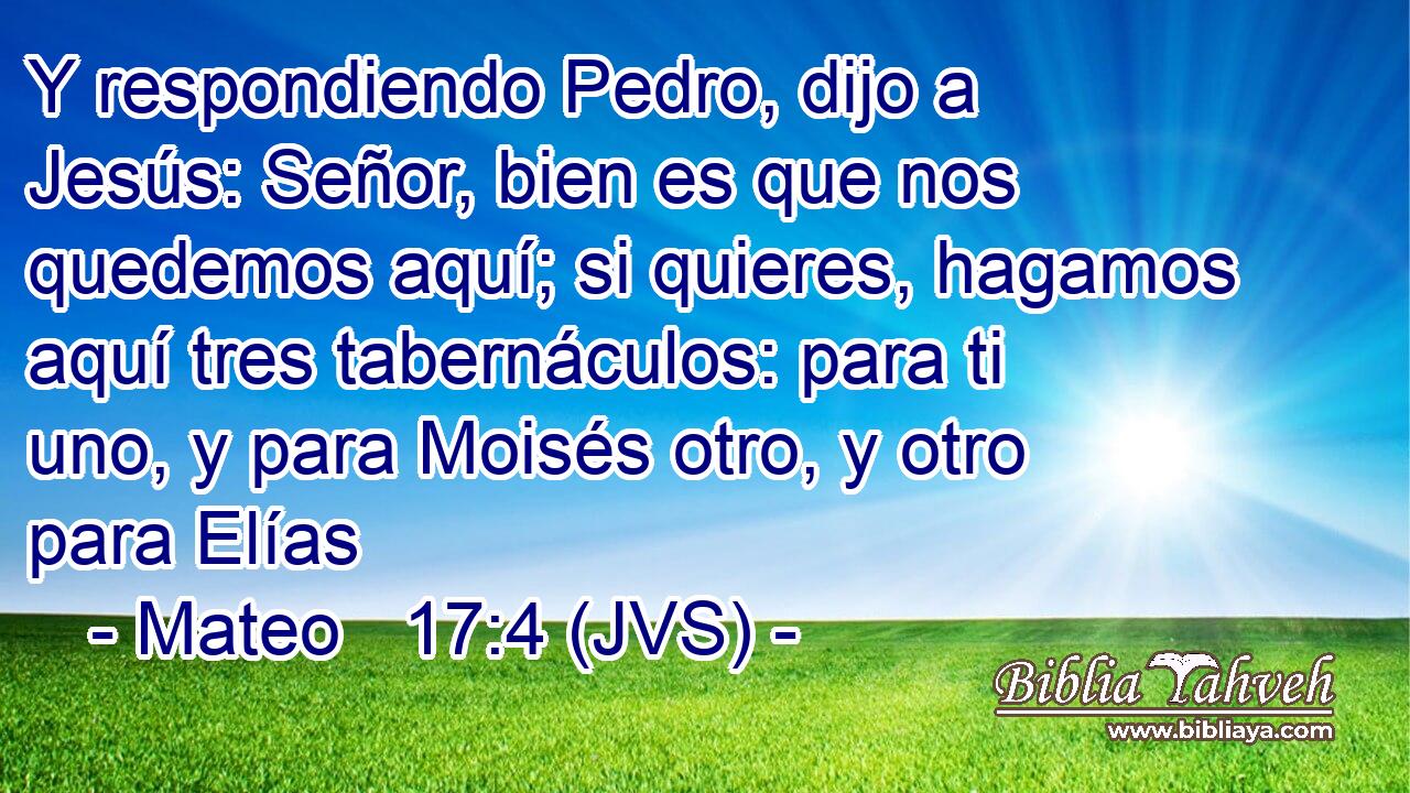 Y respondiendo Pedro, dijo a Jesús: Señor, bien es que nos quedemos aquí; si quieres, hagamos aquí tres tabernáculos: para ti uno, y para Moisés otro, y otro para Elías
