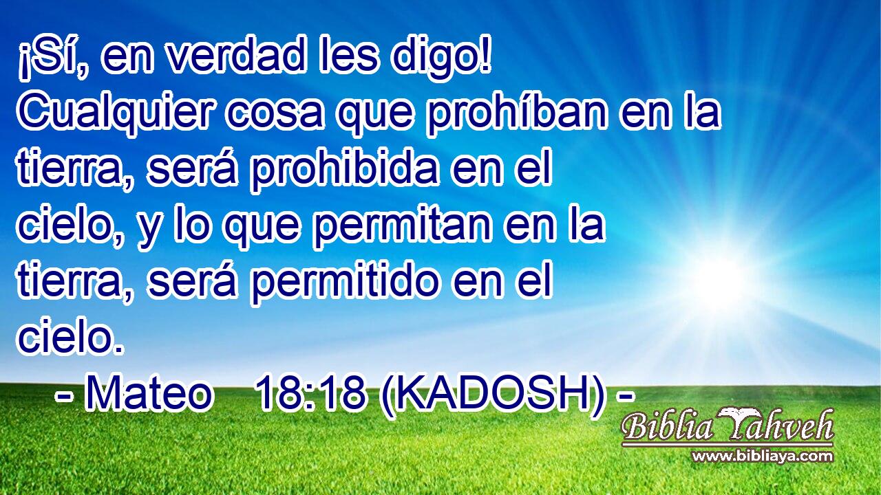  ¡Sí, en verdad les digo! Cualquier cosa que prohíban en la tierra, será prohibida en el cielo, y lo que permitan en la tierra, será permitido en el cielo. 