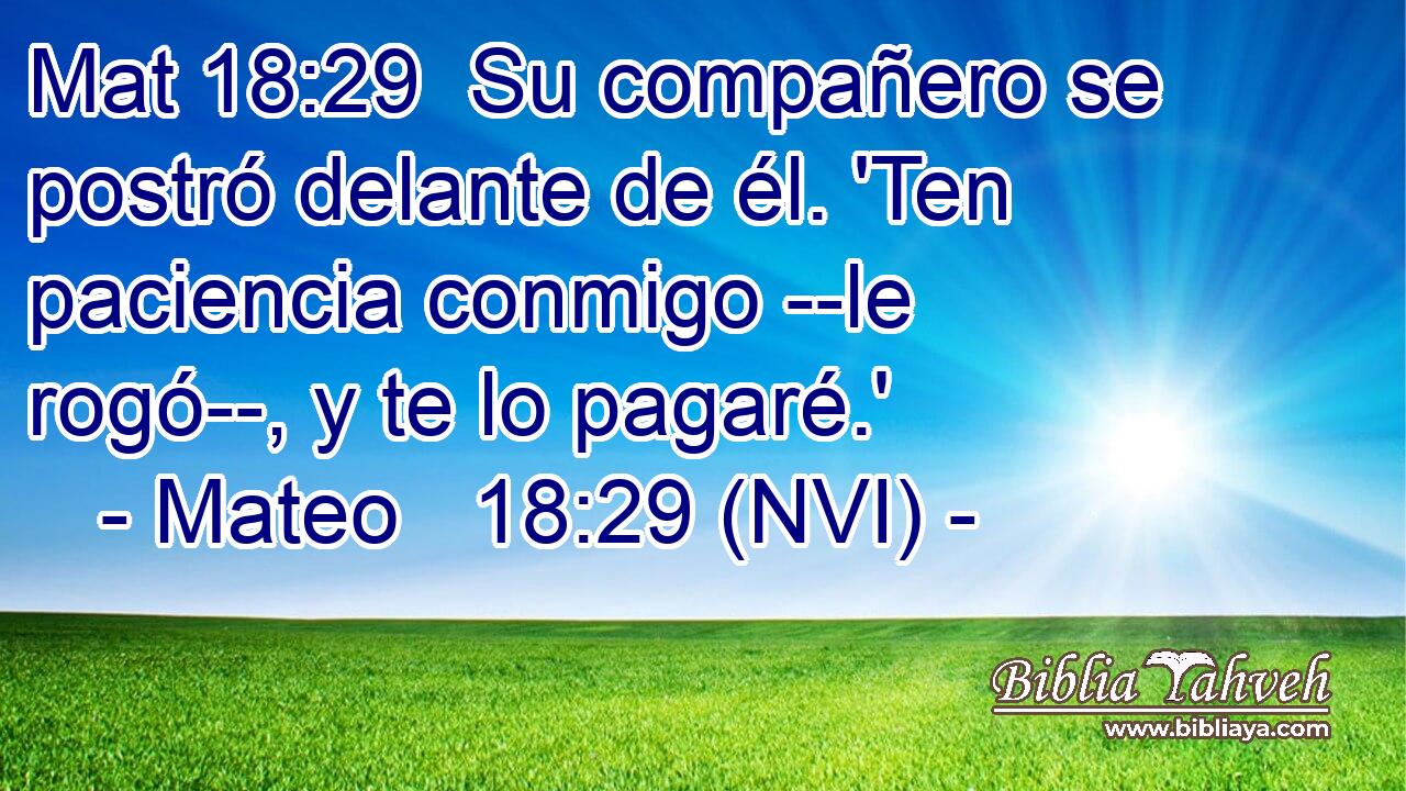 Mat 18:29  Su compañero se postró delante de él. 'Ten paciencia conmigo --le rogó--, y te lo pagaré.' 