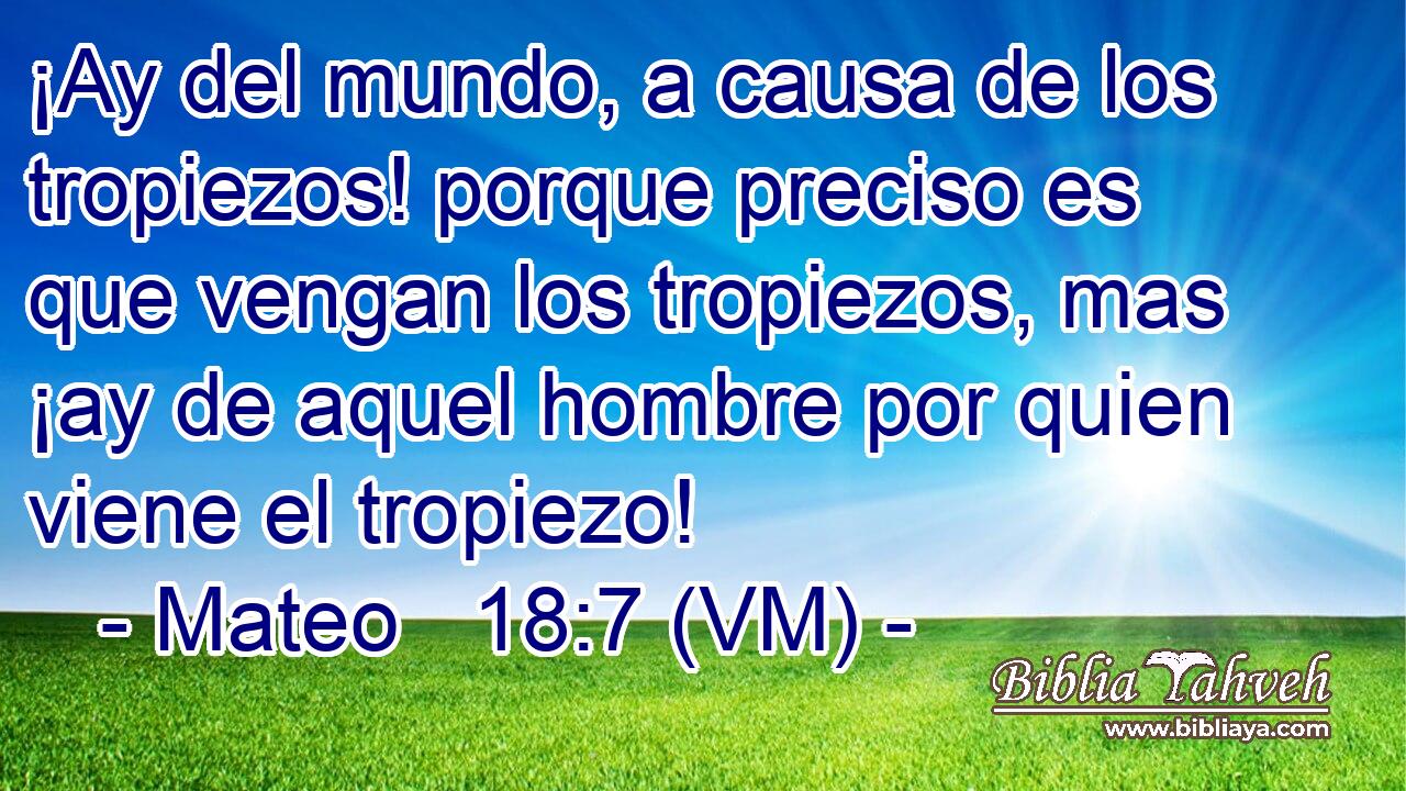  ¡Ay del mundo, a causa de los tropiezos! porque preciso es que vengan los tropiezos, mas ¡ay de aquel hombre por quien viene el tropiezo! 