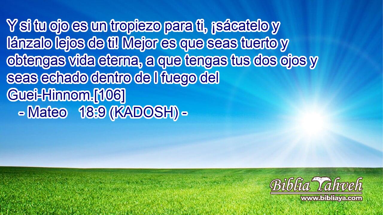  Y si tu ojo es un tropiezo para ti, ¡sácatelo y lánzalo lejos de ti! Mejor es que seas tuerto y obtengas vida eterna, a que tengas tus dos ojos y seas echado dentro de l fuego del Guei-Hinnom.[106] 
