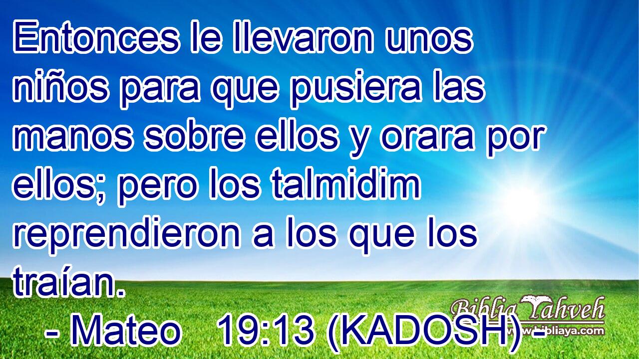  Entonces le llevaron unos niños para que pusiera las manos sobre ellos y orara por ellos; pero los talmidim reprendieron a los que los traían. 