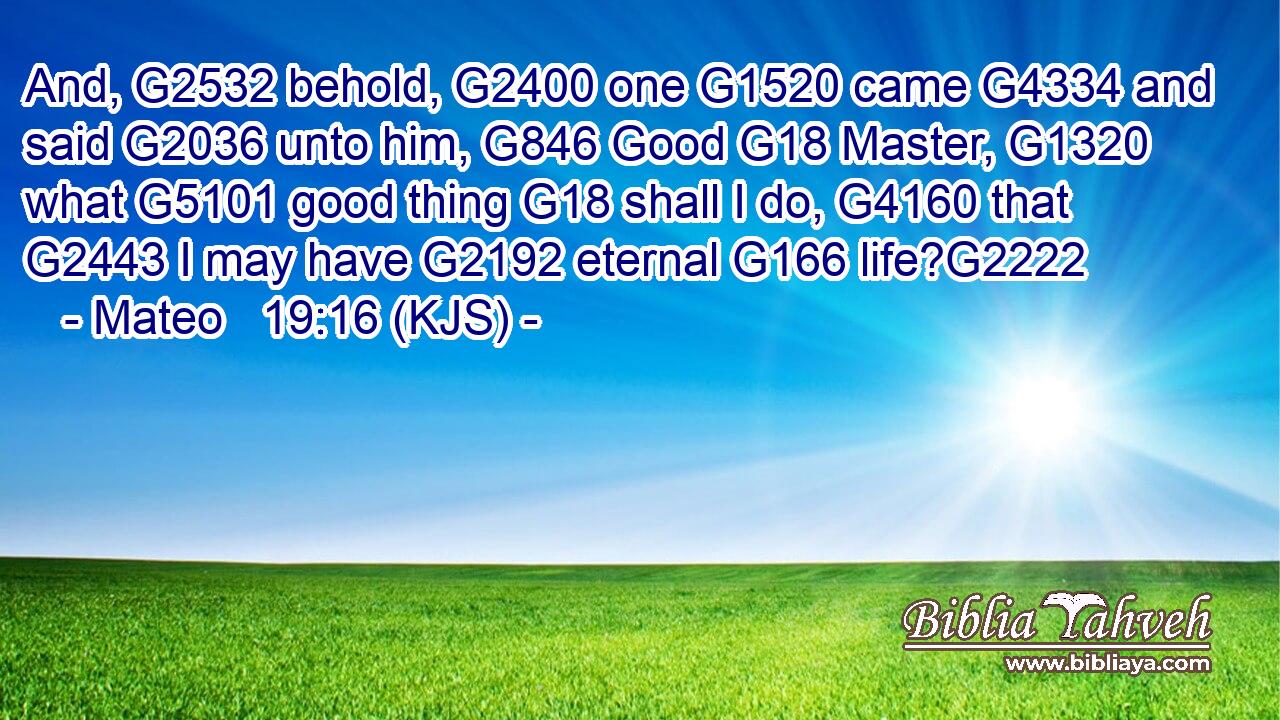 And, G2532 behold, G2400 one G1520 came G4334 and said G2036 unto him, G846 Good G18 Master, G1320 what G5101 good thing G18 shall I do, G4160 that G2443 I may have G2192 eternal G166 life?G2222