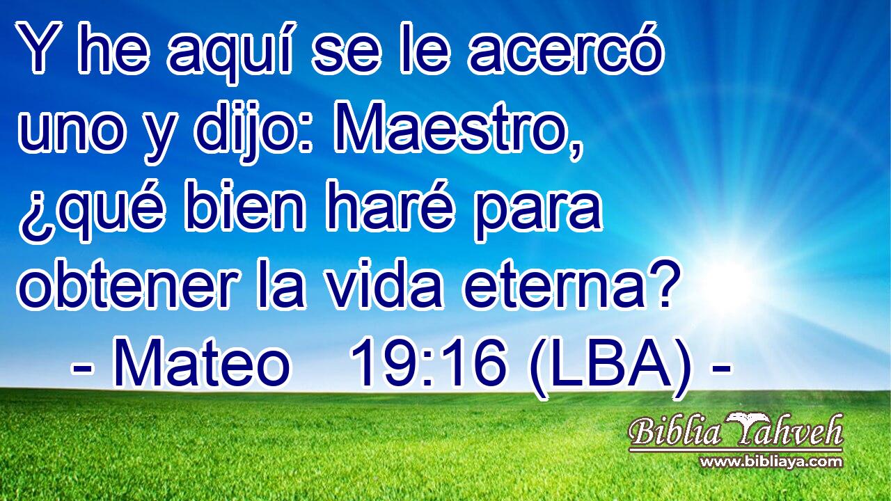 Y he aquí se le acercó uno y dijo: Maestro, ¿qué bien haré para obtener la vida eterna?
