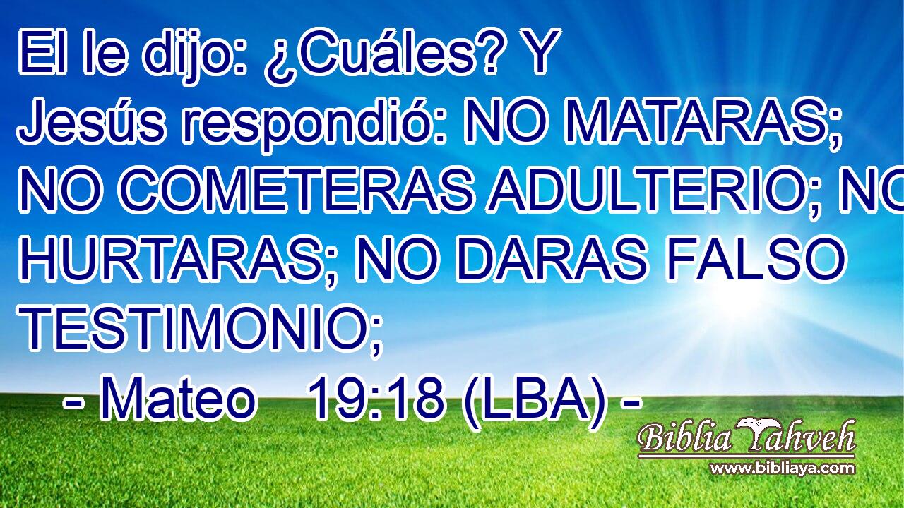 El le dijo: ¿Cuáles? Y Jesús respondió: NO MATARAS; NO COMETERAS ADULTERIO; NO HURTARAS; NO DARAS FALSO TESTIMONIO;