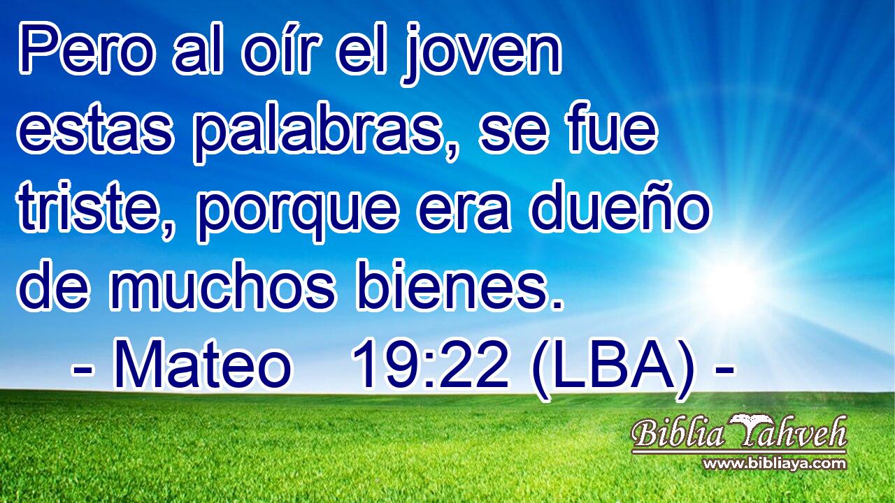 Pero al oír el joven estas palabras, se fue triste, porque era dueño de muchos bienes.