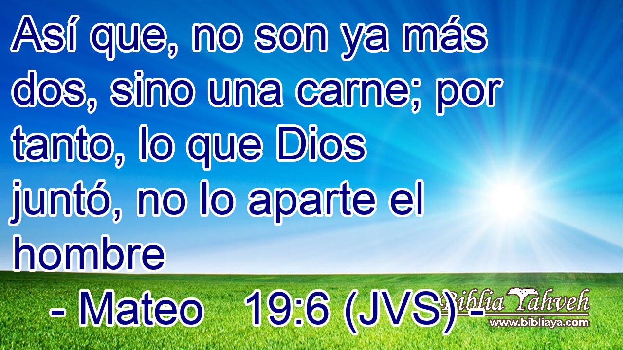 Así que, no son ya más dos, sino una carne; por tanto, lo que Dios juntó, no lo aparte el hombre