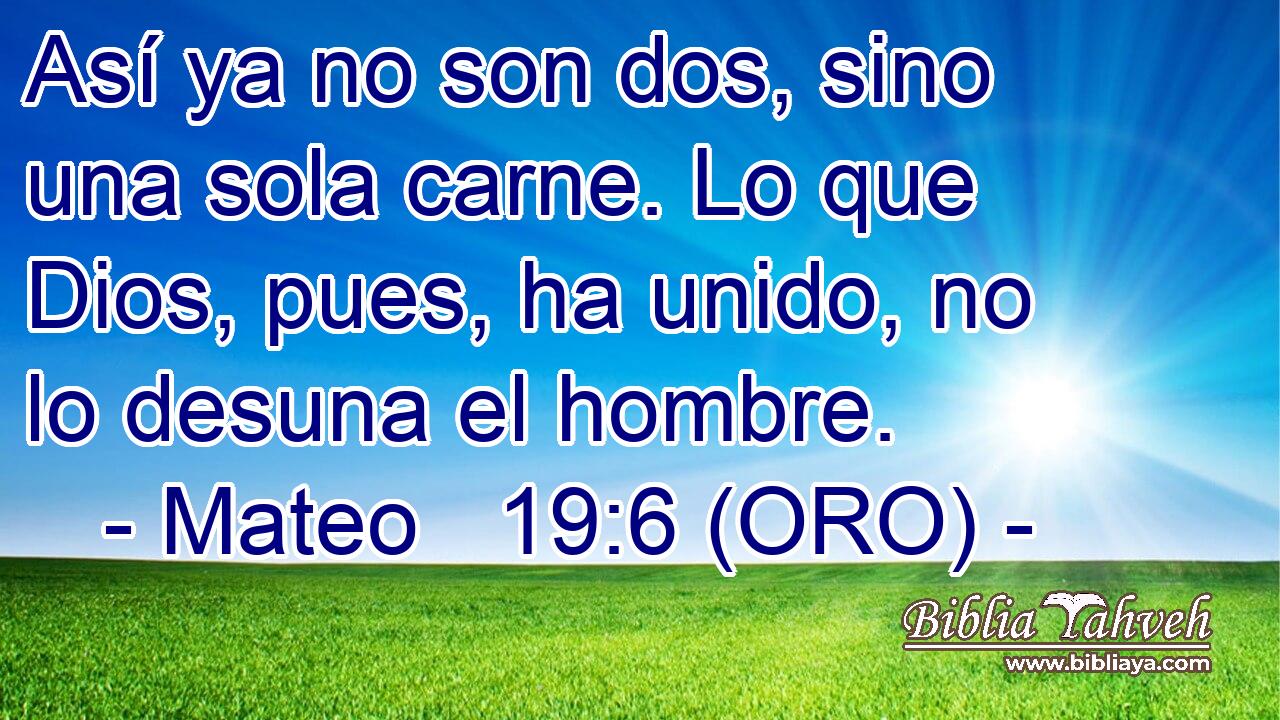 Así ya no son dos, sino una sola carne. Lo que Dios, pues, ha unido, no lo desuna el hombre. 