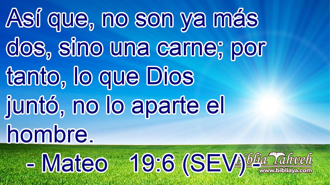 Así que, no son ya más dos, sino una carne; por tanto, lo que Dios juntó, no lo aparte el hombre.