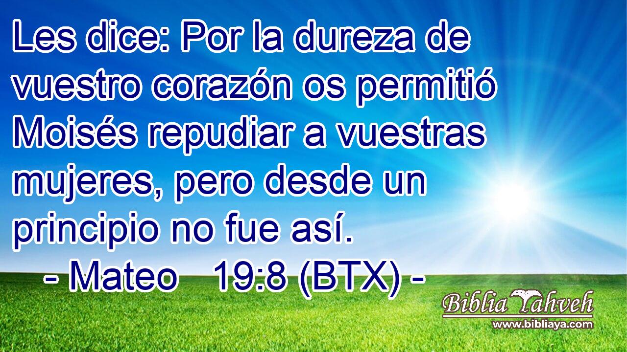 Les dice: Por la dureza de vuestro corazón os permitió Moisés repudiar a vuestras mujeres, pero desde un principio no fue así.