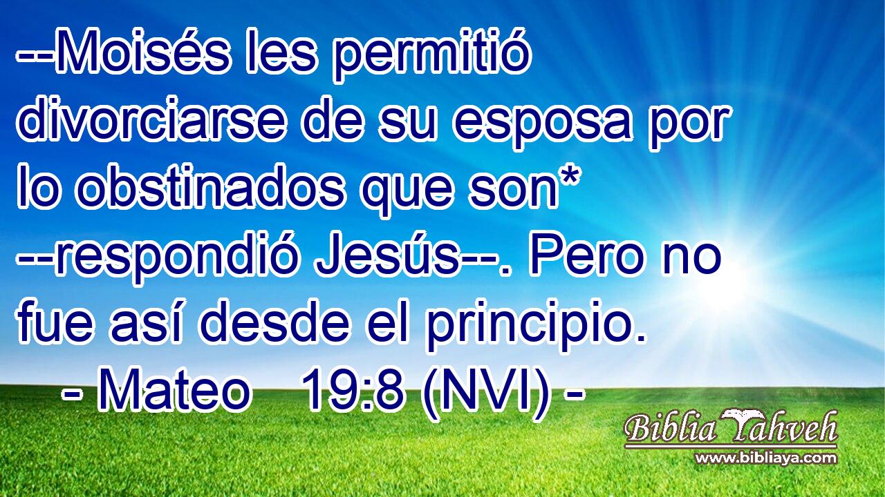  --Moisés les permitió divorciarse de su esposa por lo obstinados que son* --respondió Jesús--. Pero no fue así desde el principio. 