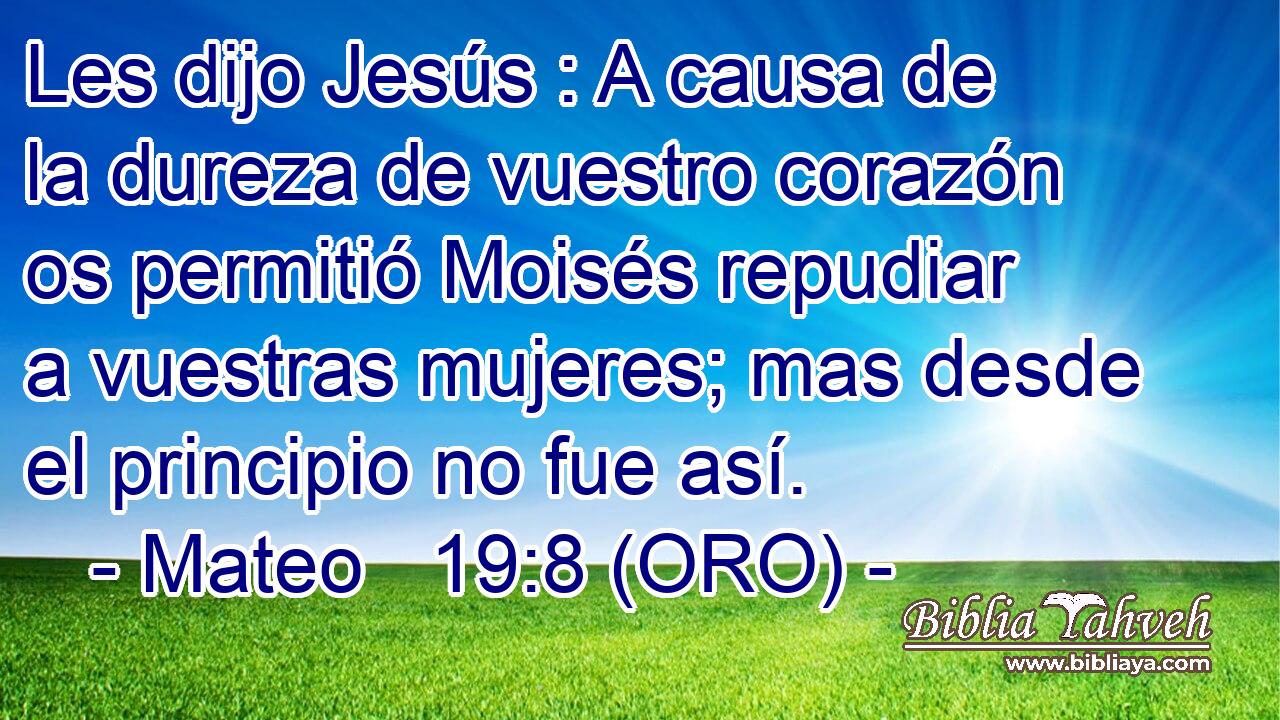  Les dijo Jesús : A causa de la dureza de vuestro corazón os permitió Moisés repudiar a vuestras mujeres; mas desde el principio no fue así. 