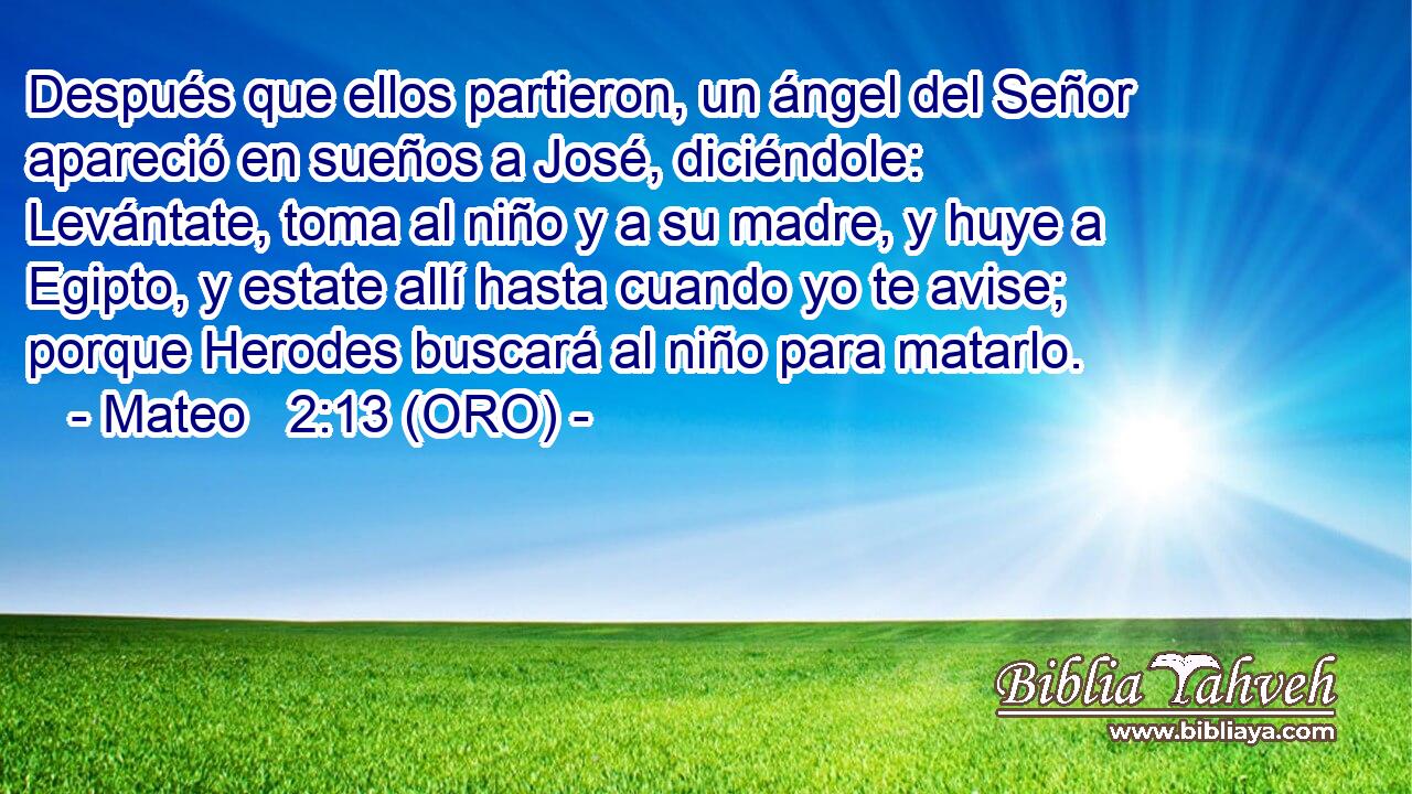  Después que ellos partieron, un ángel del Señor apareció en sueños a José, diciéndole: Levántate, toma al niño y a su madre, y huye a Egipto, y estate allí hasta cuando yo te avise; porque Herodes buscará al niño para matarlo. 