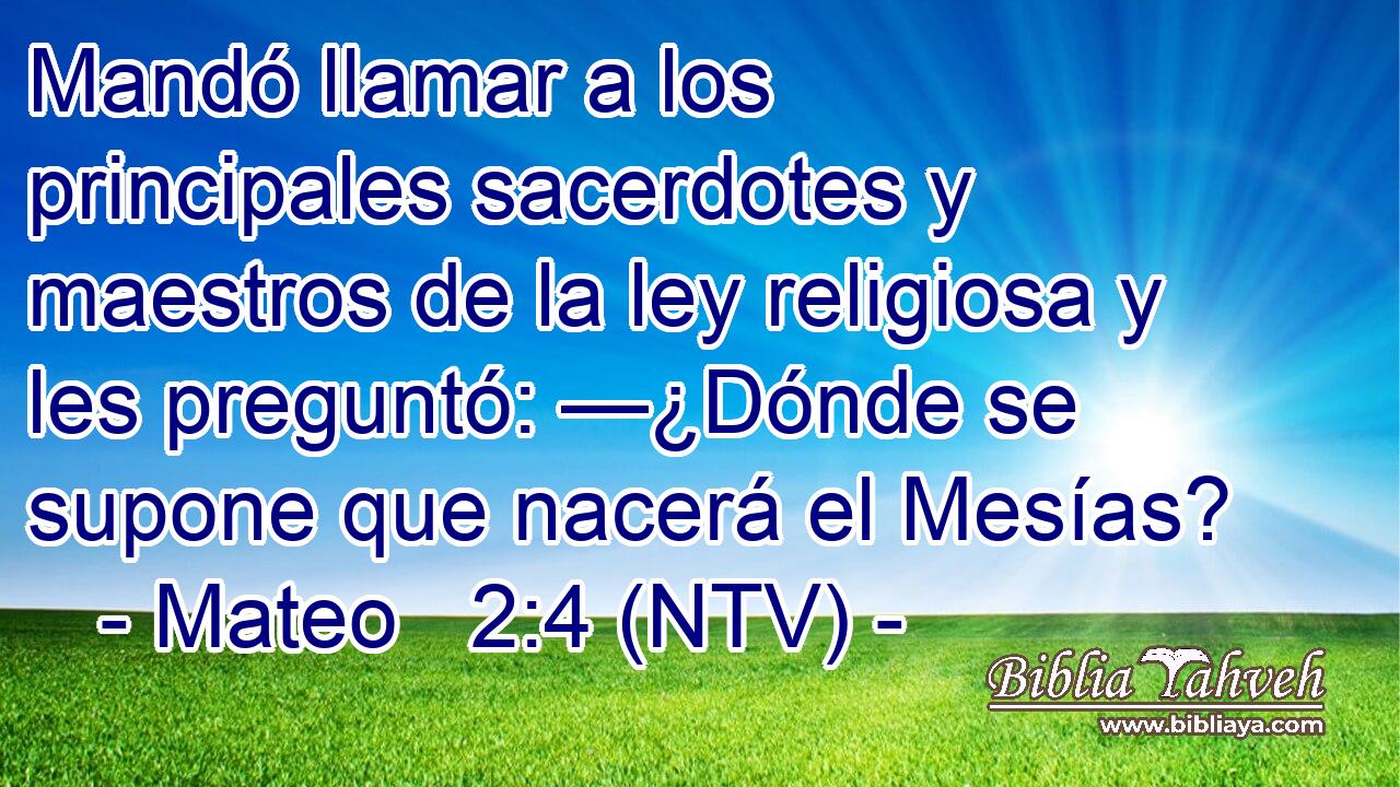 Mandó llamar a los principales sacerdotes y maestros de la ley religiosa y les preguntó: —¿Dónde se supone que nacerá el Mesías?