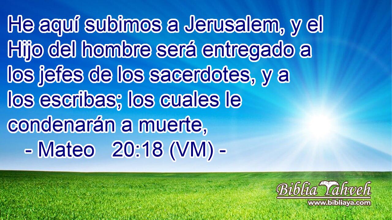  He aquí subimos a Jerusalem, y el Hijo del hombre será entregado a los jefes de los sacerdotes, y a los escribas; los cuales le condenarán a muerte, 