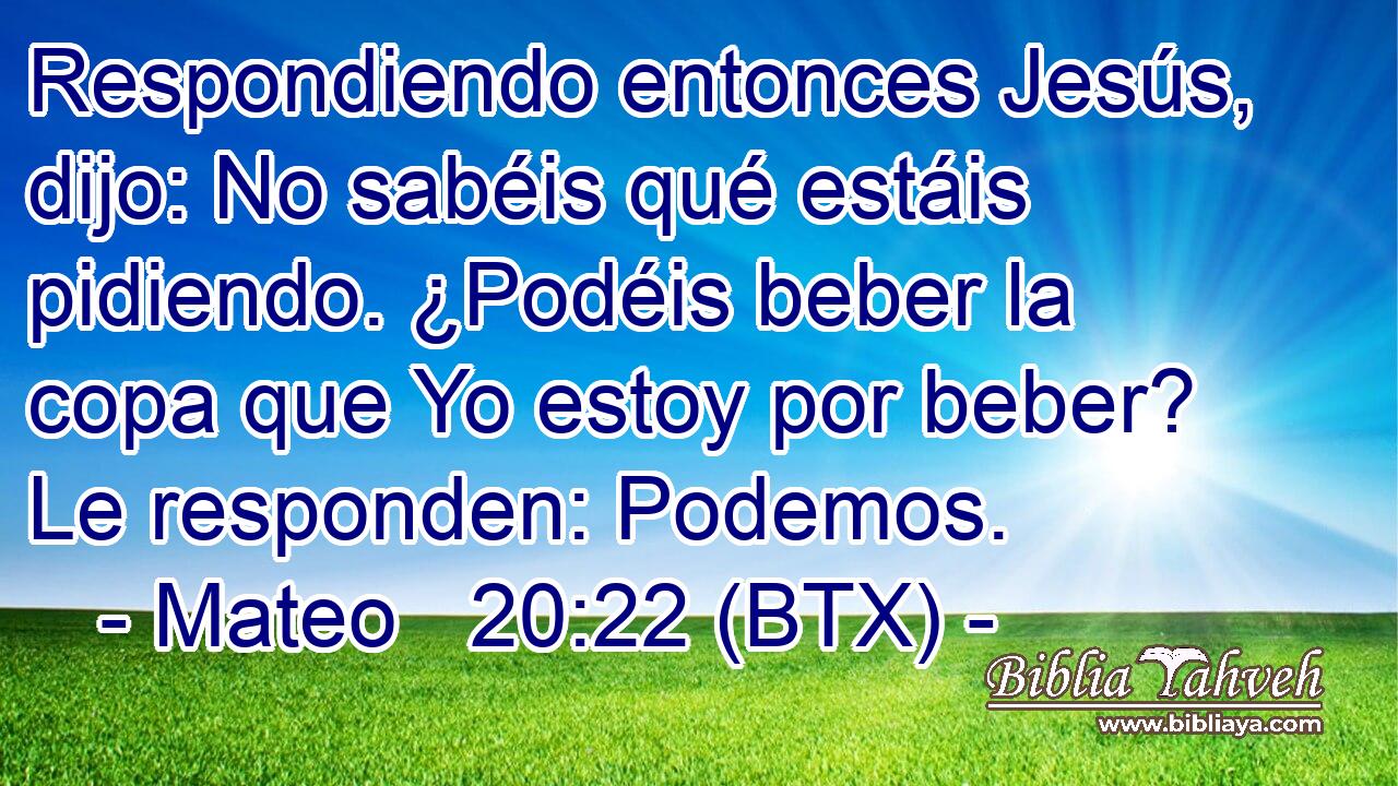 Respondiendo entonces Jesús, dijo: No sabéis qué estáis pidiendo. ¿Podéis beber la copa que Yo estoy por beber? Le responden: Podemos.