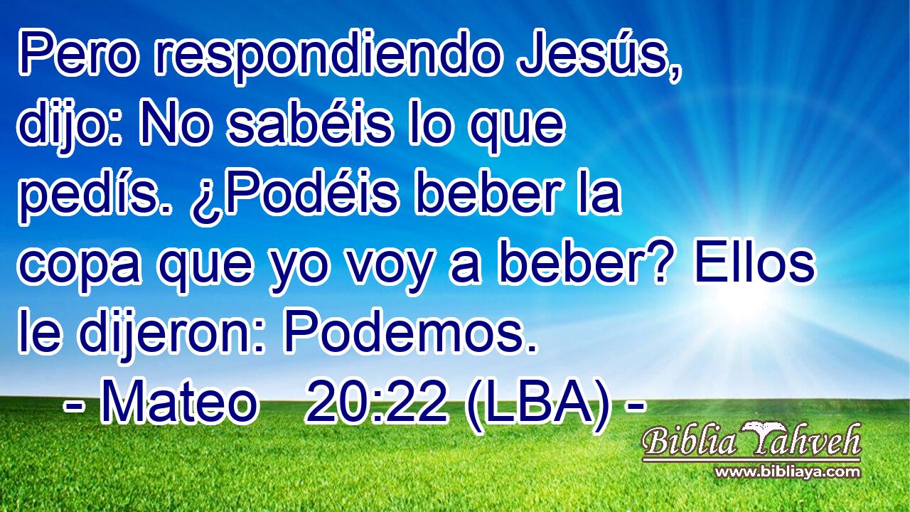 Pero respondiendo Jesús, dijo: No sabéis lo que pedís. ¿Podéis beber la copa que yo voy a beber? Ellos le dijeron: Podemos.