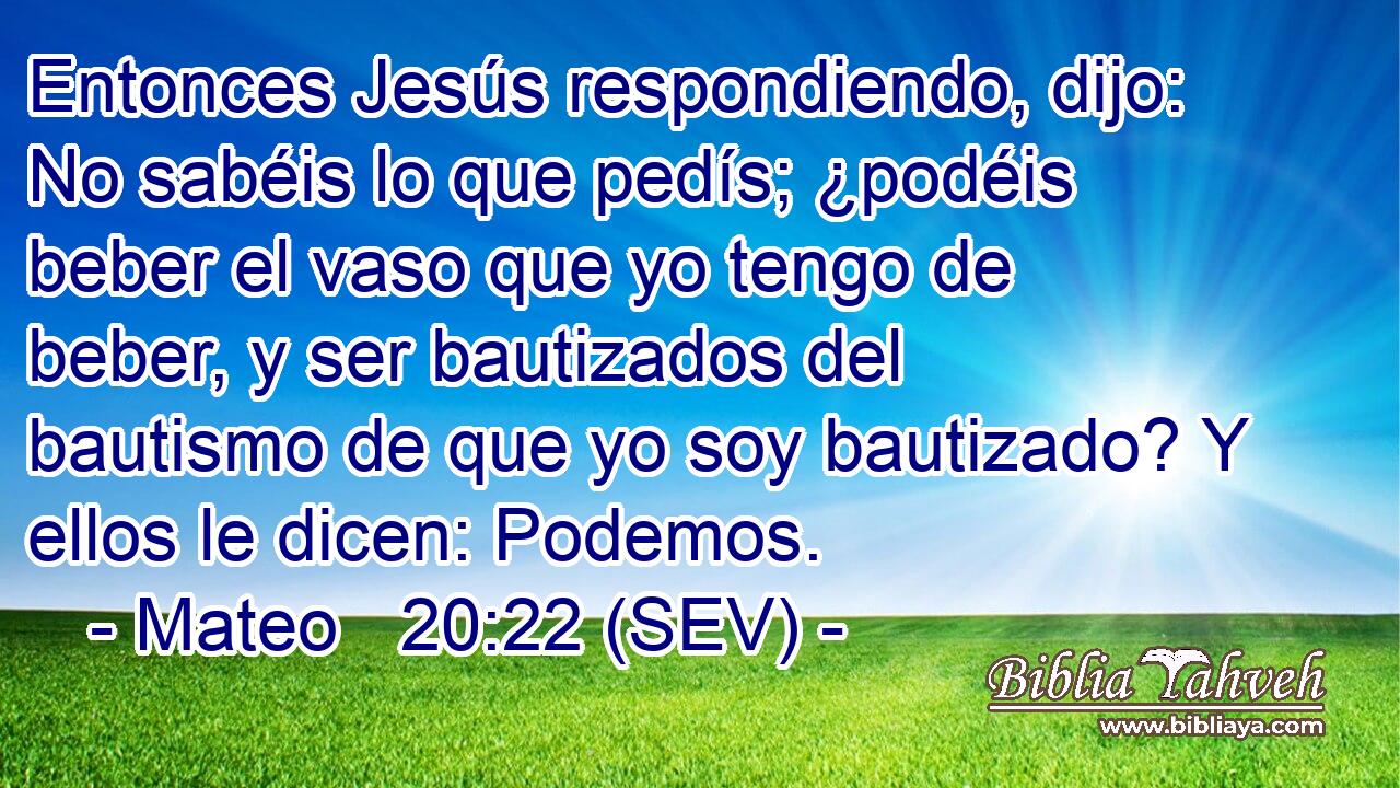 Entonces Jesús respondiendo, dijo: No sabéis lo que pedís; ¿podéis beber el vaso que yo tengo de beber, y ser bautizados del bautismo de que yo soy bautizado? Y ellos le dicen: Podemos.