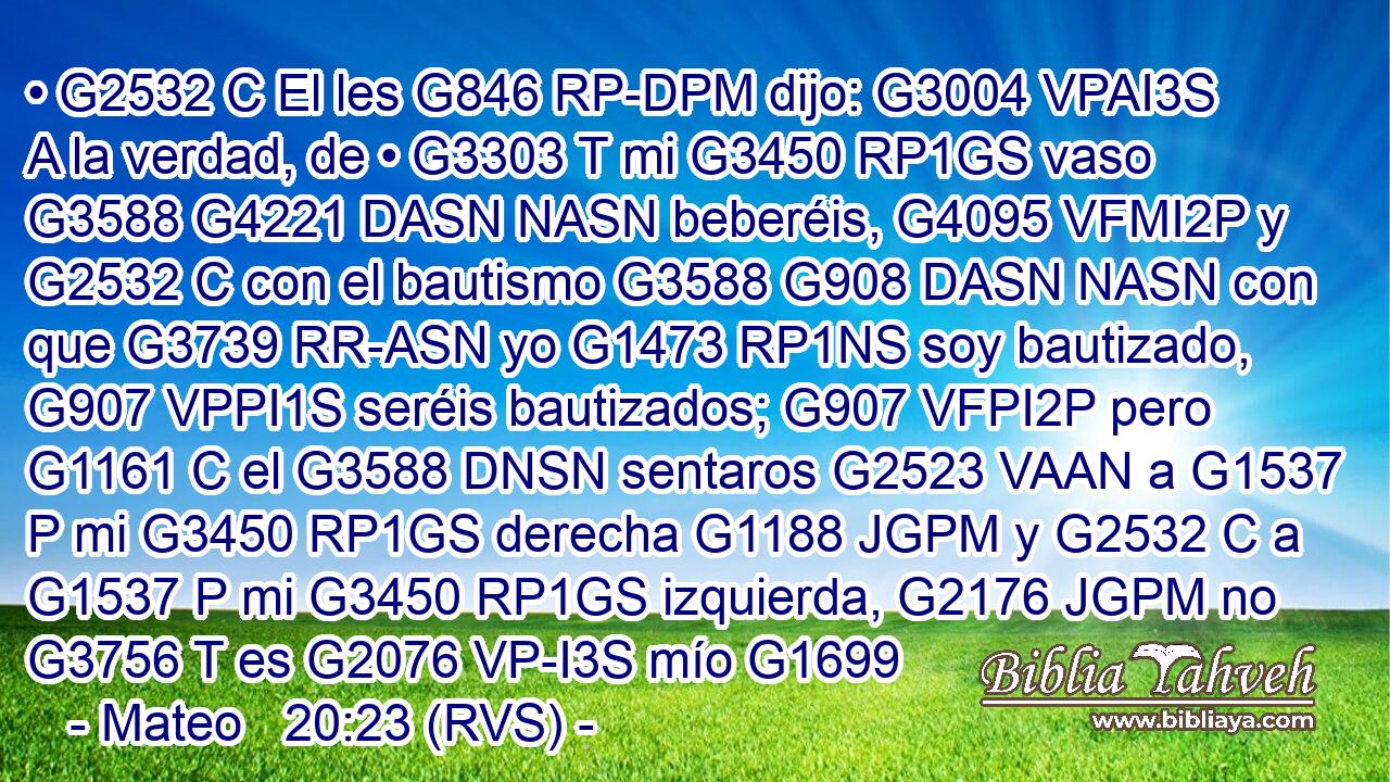 • G2532 C El les G846 RP-DPM dijo: G3004 VPAI3S A la verdad, de • G3303 T mi G3450 RP1GS vaso G3588 G4221 DASN NASN beberéis, G4095 VFMI2P y G2532 C con el bautismo G3588 G908 DASN NASN con que G3739 RR-ASN yo G1473 RP1NS soy bautizado, G907 VPPI1S seréis bautizados; G907 VFPI2P pero G1161 C el G3588 DNSN sentaros G2523 VAAN a G1537 P mi G3450 RP1GS derecha G1188 JGPM y G2532 C a G1537 P mi G3450 RP1GS izquierda, G2176 JGPM no G3756 T es G2076 VP-I3S mío G1699