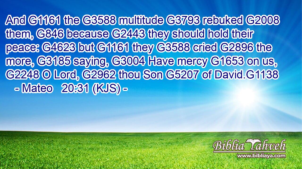 And G1161 the G3588 multitude G3793 rebuked G2008 them, G846 because G2443 they should hold their peace: G4623 but G1161 they G3588 cried G2896 the more, G3185 saying, G3004 Have mercy G1653 on us, G2248 O Lord, G2962 thou Son G5207 of David.G1138