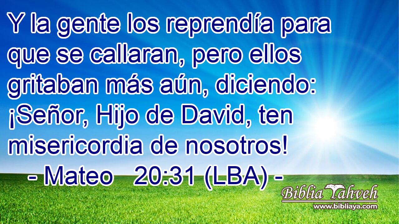 Y la gente los reprendía para que se callaran, pero ellos gritaban más aún, diciendo: ¡Señor, Hijo de David, ten misericordia de nosotros!