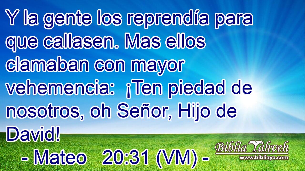 Y la gente los reprendía para que callasen. Mas ellos clamaban con mayor vehemencia:  ¡Ten piedad de nosotros, oh Señor, Hijo de David! 