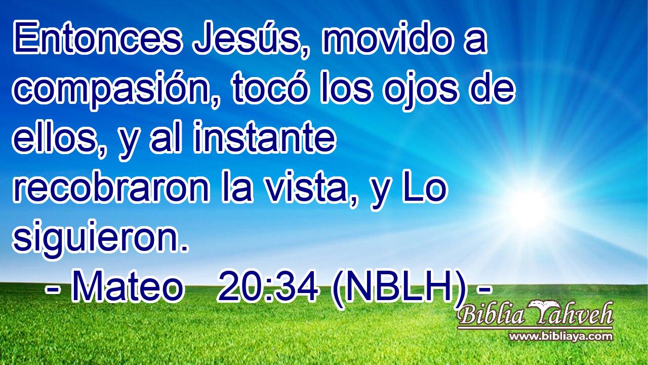  Entonces Jesús, movido a compasión, tocó los ojos de ellos, y al instante recobraron la vista, y Lo siguieron. 