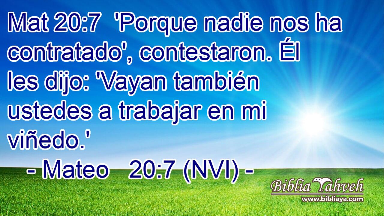 Mat 20:7  'Porque nadie nos ha contratado', contestaron. Él les dijo: 'Vayan también ustedes a trabajar en mi viñedo.' 
