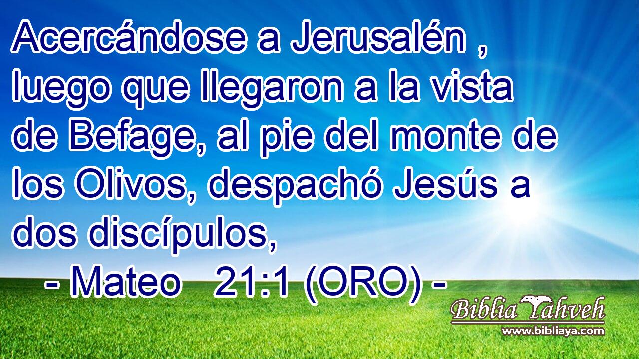  Acercándose a Jerusalén , luego que llegaron a la vista de Befage, al pie del monte de los Olivos, despachó Jesús a dos discípulos, 
