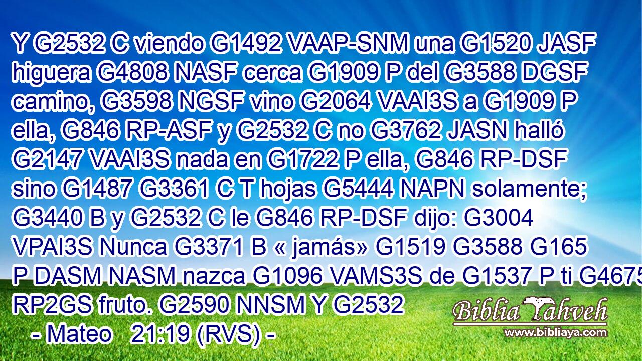 Y G2532 C viendo G1492 VAAP-SNM una G1520 JASF higuera G4808 NASF cerca G1909 P del G3588 DGSF camino, G3598 NGSF vino G2064 VAAI3S a G1909 P ella, G846 RP-ASF y G2532 C no G3762 JASN halló G2147 VAAI3S nada en G1722 P ella, G846 RP-DSF sino G1487 G3361 C T hojas G5444 NAPN solamente; G3440 B y G2532 C le G846 RP-DSF dijo: G3004 VPAI3S Nunca G3371 B « jamás» G1519 G3588 G165 P DASM NASM nazca G1096 VAMS3S de G1537 P ti G4675 RP2GS fruto. G2590 NNSM Y G2532 
