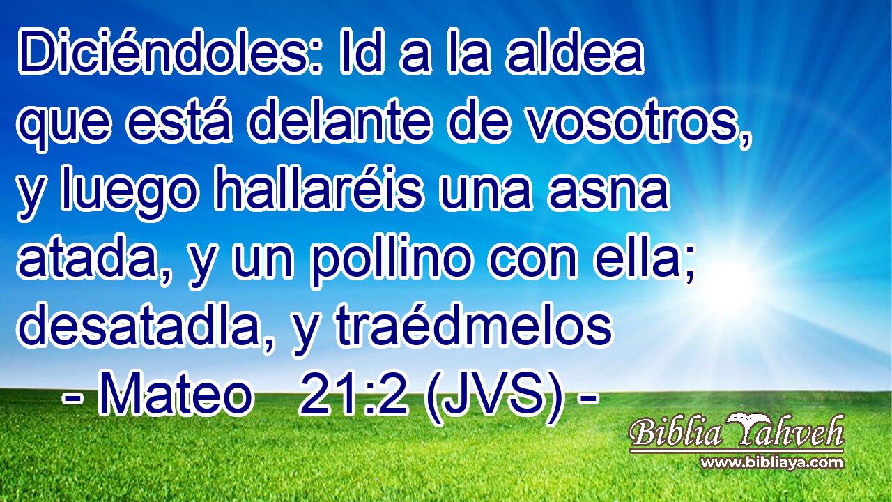 Diciéndoles: Id a la aldea que está delante de vosotros, y luego hallaréis una asna atada, y un pollino con ella; desatadla, y traédmelos