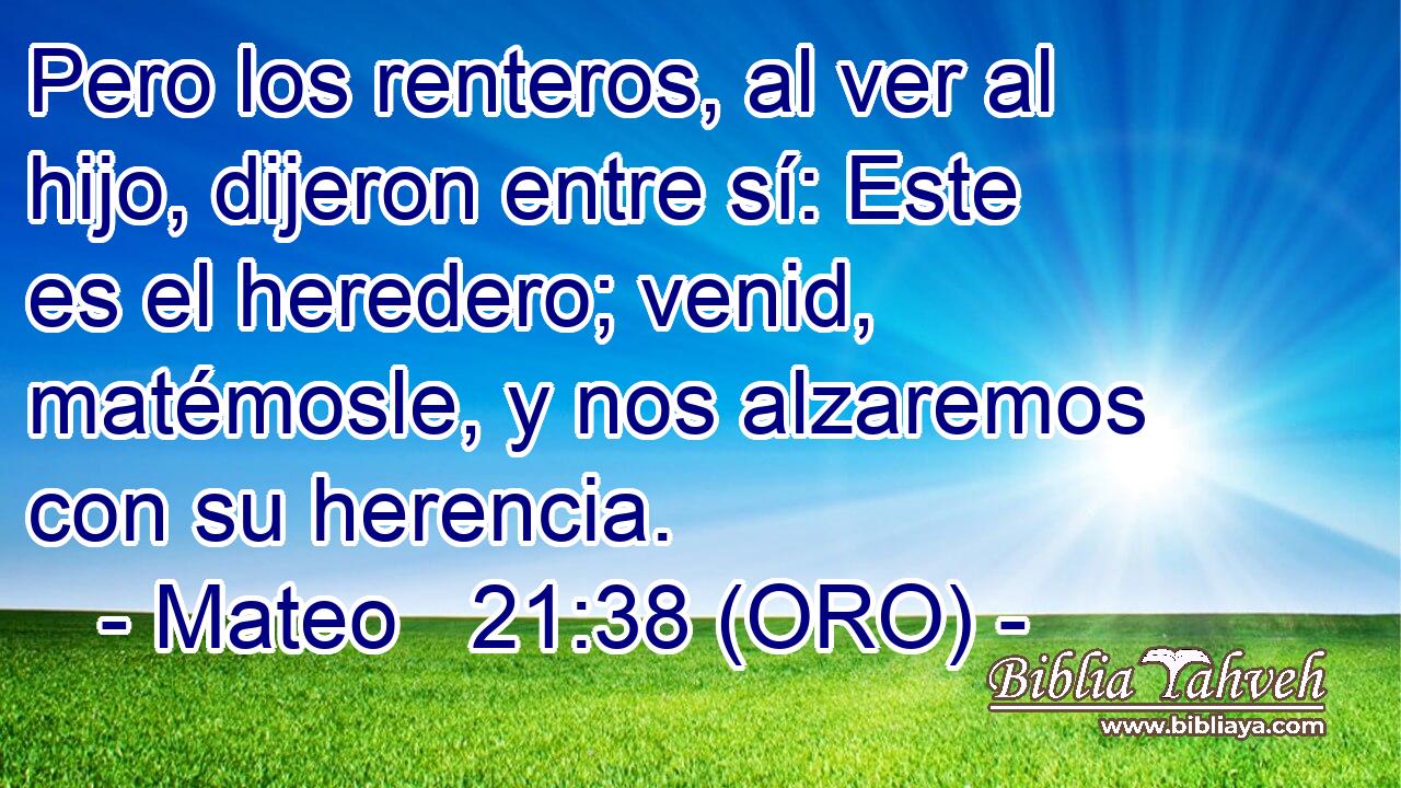  Pero los renteros, al ver al hijo, dijeron entre sí: Este es el heredero; venid, matémosle, y nos alzaremos con su herencia. 