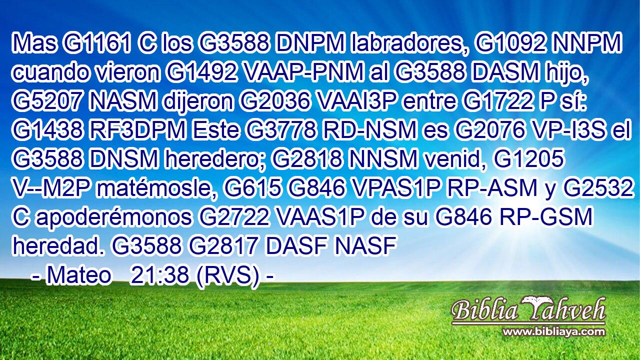 Mas G1161 C los G3588 DNPM labradores, G1092 NNPM cuando vieron G1492 VAAP-PNM al G3588 DASM hijo, G5207 NASM dijeron G2036 VAAI3P entre G1722 P sí: G1438 RF3DPM Este G3778 RD-NSM es G2076 VP-I3S el G3588 DNSM heredero; G2818 NNSM venid, G1205 V--M2P matémosle, G615 G846 VPAS1P RP-ASM y G2532 C apoderémonos G2722 VAAS1P de su G846 RP-GSM heredad. G3588 G2817 DASF NASF 