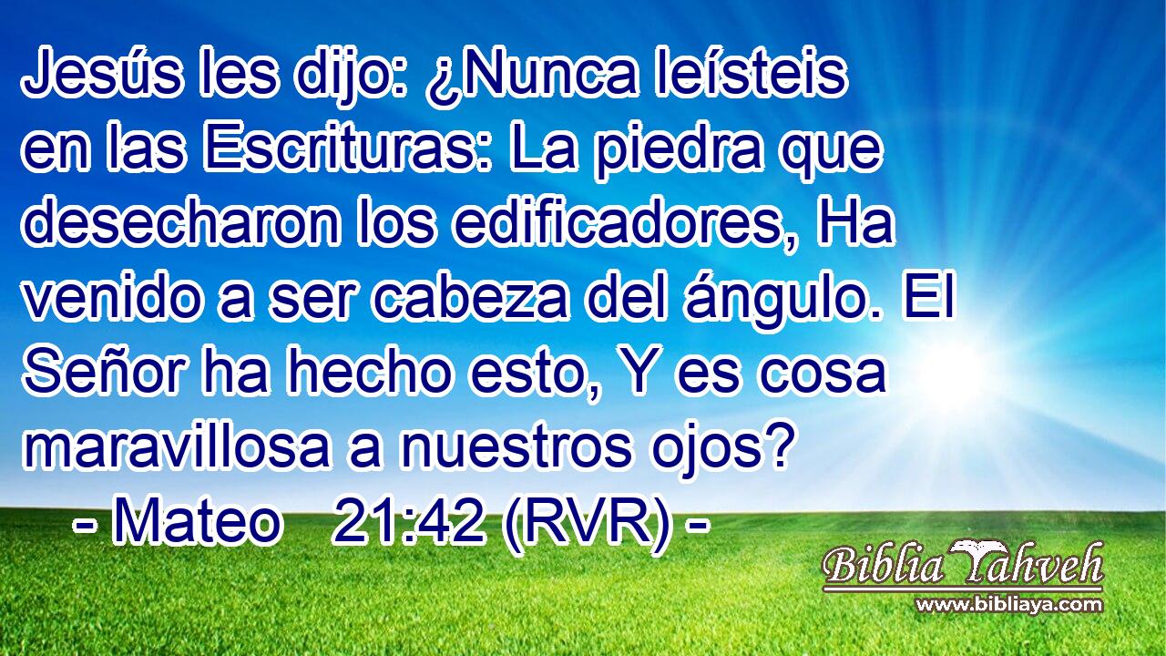 Jesús les dijo: ¿Nunca leísteis en las Escrituras: La piedra que desecharon los edificadores, Ha venido a ser cabeza del ángulo. El Señor ha hecho esto, Y es cosa maravillosa a nuestros ojos?