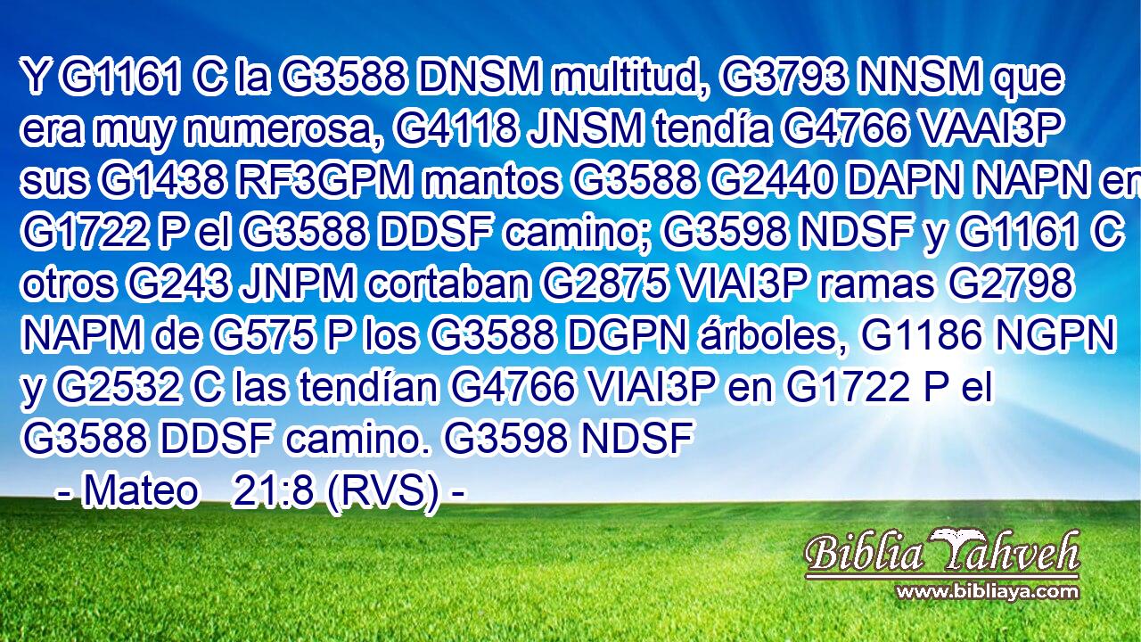 Y G1161 C la G3588 DNSM multitud, G3793 NNSM que era muy numerosa, G4118 JNSM tendía G4766 VAAI3P sus G1438 RF3GPM mantos G3588 G2440 DAPN NAPN en G1722 P el G3588 DDSF camino; G3598 NDSF y G1161 C otros G243 JNPM cortaban G2875 VIAI3P ramas G2798 NAPM de G575 P los G3588 DGPN árboles, G1186 NGPN y G2532 C las tendían G4766 VIAI3P en G1722 P el G3588 DDSF camino. G3598 NDSF 