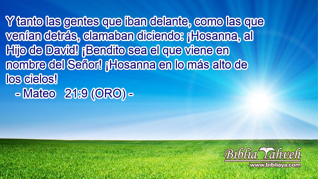  Y tanto las gentes que iban delante, como las que venían detrás, clamaban diciendo: ¡Hosanna, al Hijo de David! ¡Bendito sea el que viene en nombre del Señor! ¡Hosanna en lo más alto de los cielos! 