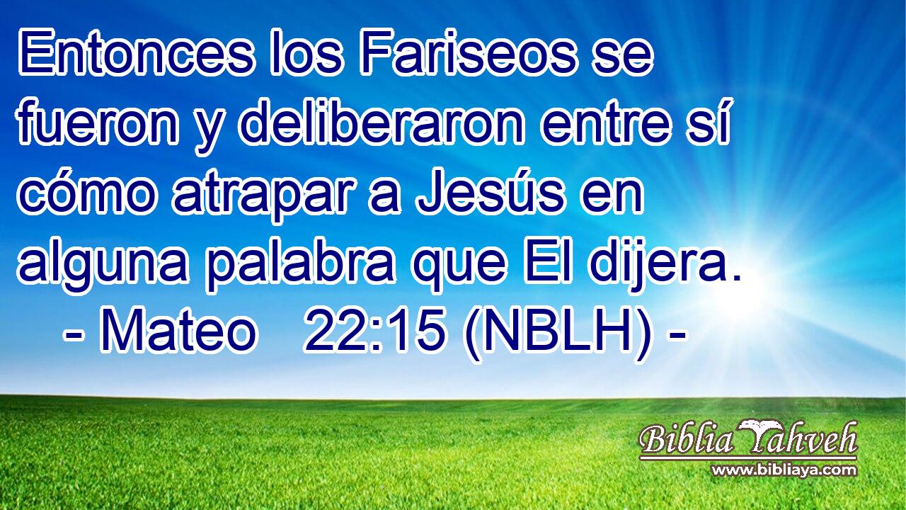  Entonces los Fariseos se fueron y deliberaron entre sí cómo atrapar a Jesús en alguna palabra que El dijera. 